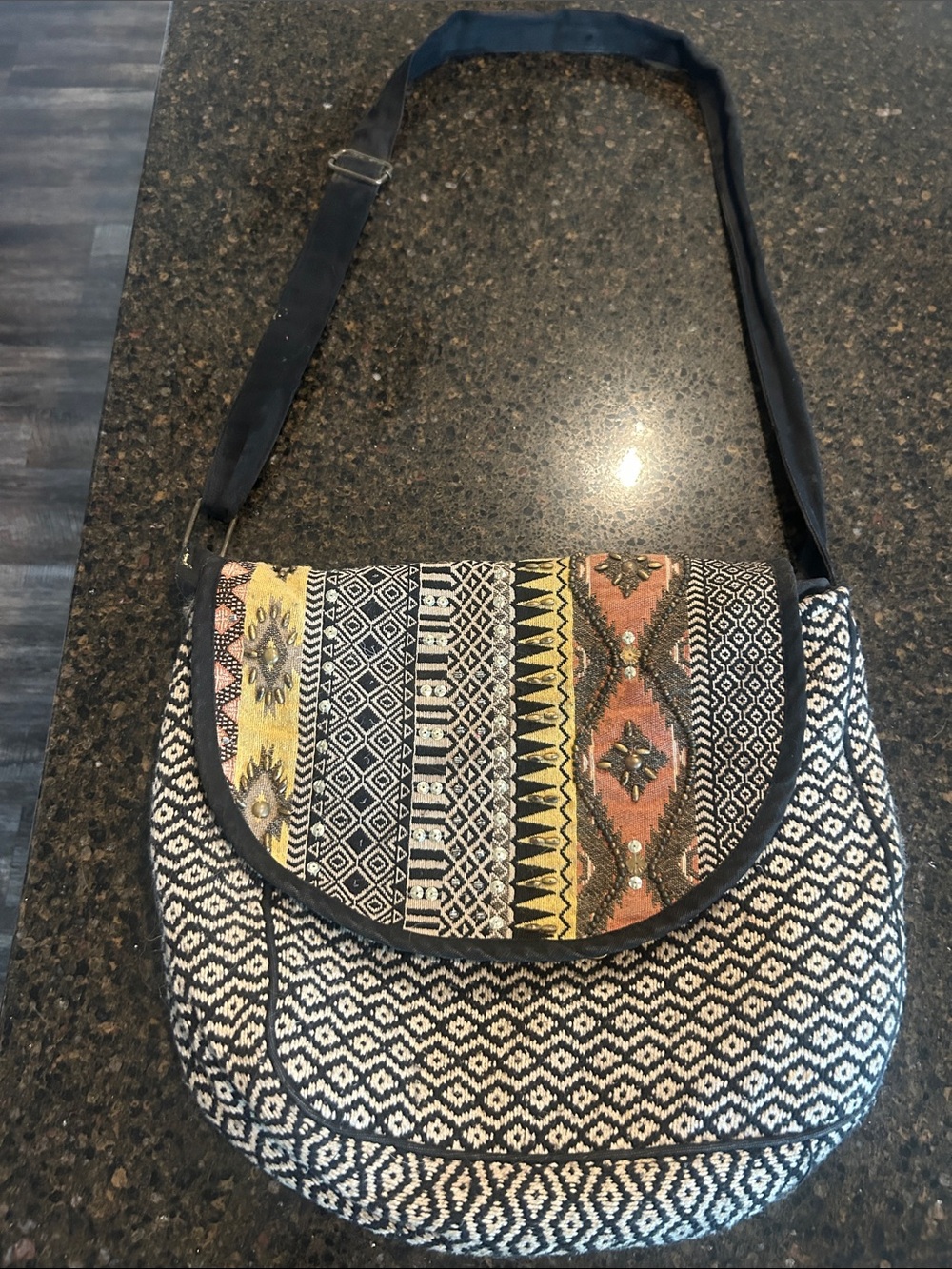 EARTHBOUND Black, White, Yellow & Brown Patterned Woven Crossbody